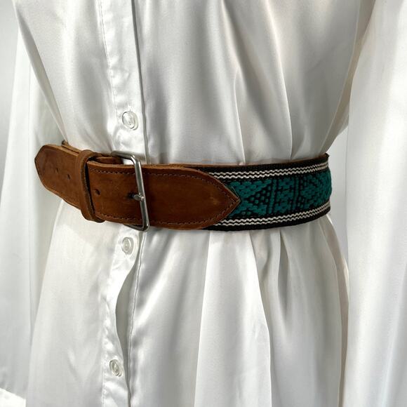 Handmade Leather Belt Woven Tribal Animal Motifs Green Tan - Picture 8 of 8